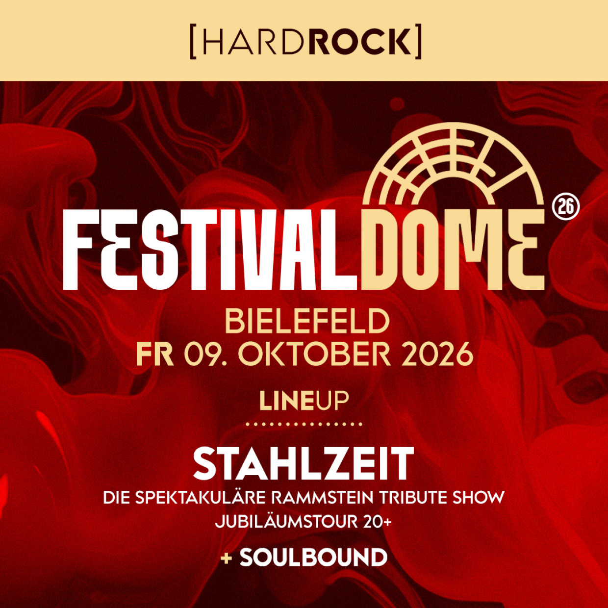 Festivalplakat mit rotem Hintergrund und weißem Text für Festivaldome Bielefeld im Oktober 2026.