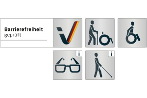 fünf Piktogramme Rollstuhl Brille Blindenstock großes V und der Text Barrierefreiheit geprüft